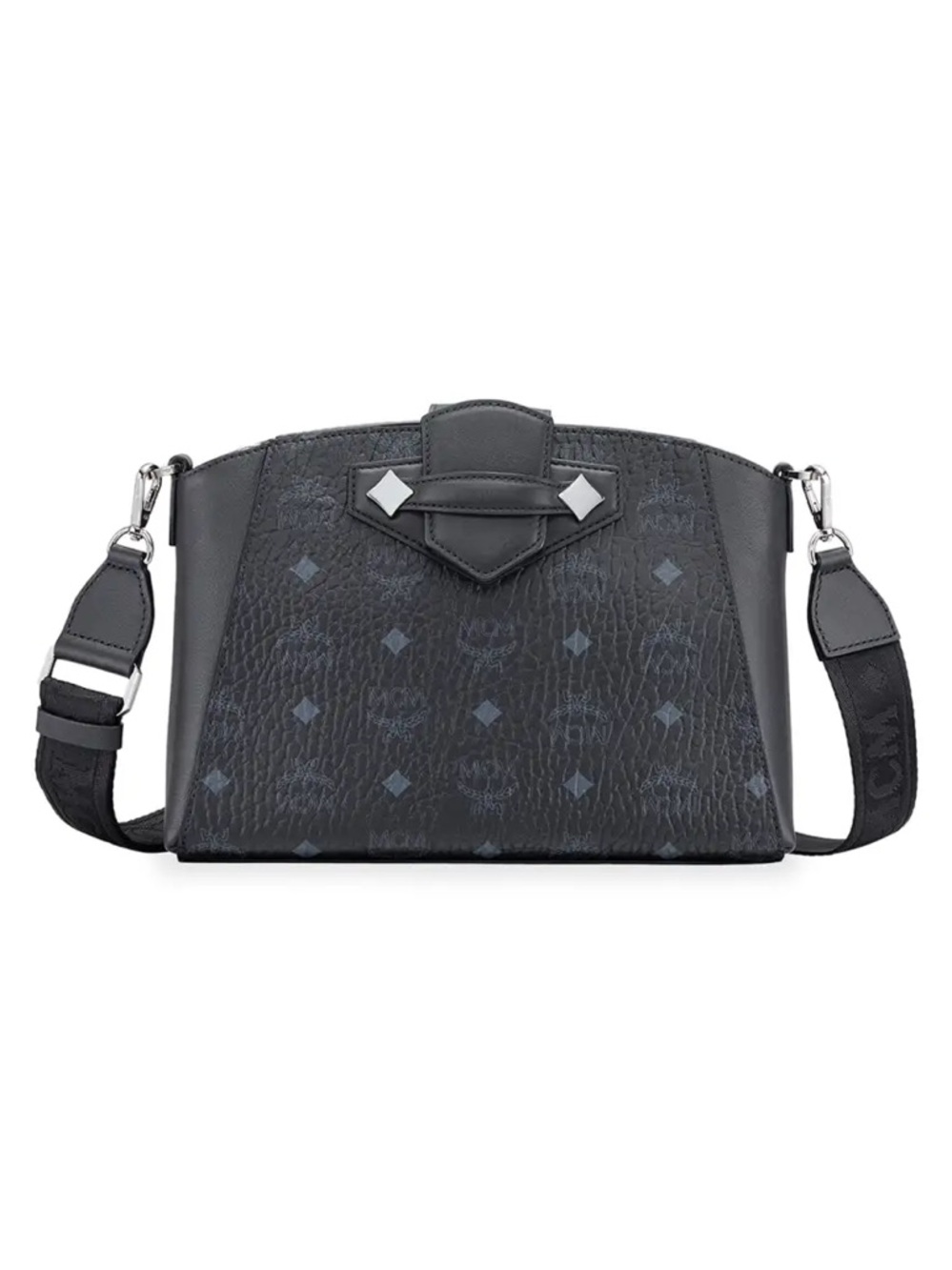 MCM Visetos Small Crossbody Bag Black Monogram Logo Strap Authentic